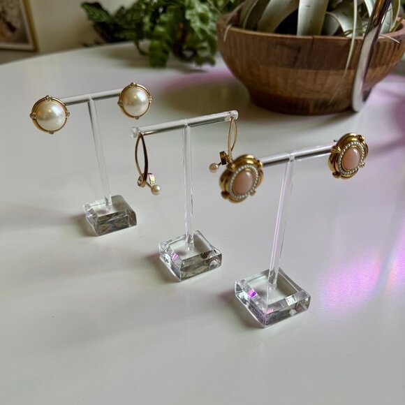 Gold and Pearl Earrings Set of 3 - Picture 6 of 6
